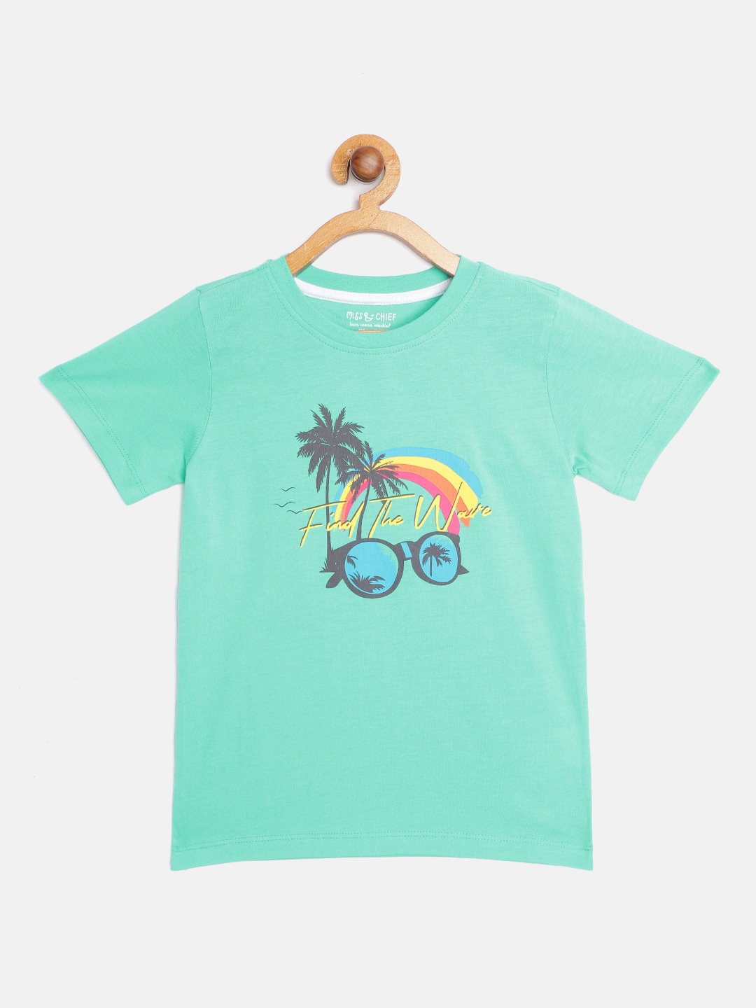 

Miss Chief Boys Sea Green Tropical Print Pure Cotton T-shirt