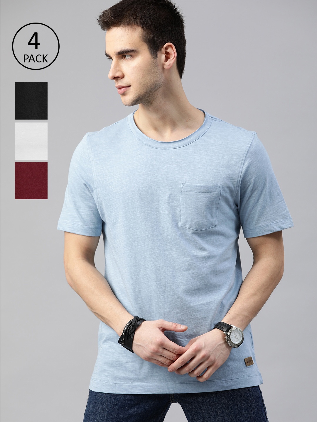 

Roadster Men Pack of 4 Solid Round Neck Pure Cotton T-shirt, Blue