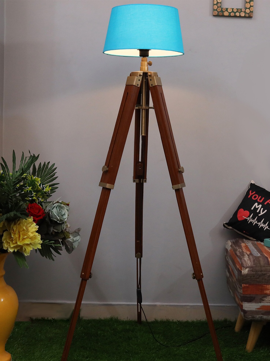 

Homesake Brown & Turquoise Blue Solid Vintage Tripod Lamp