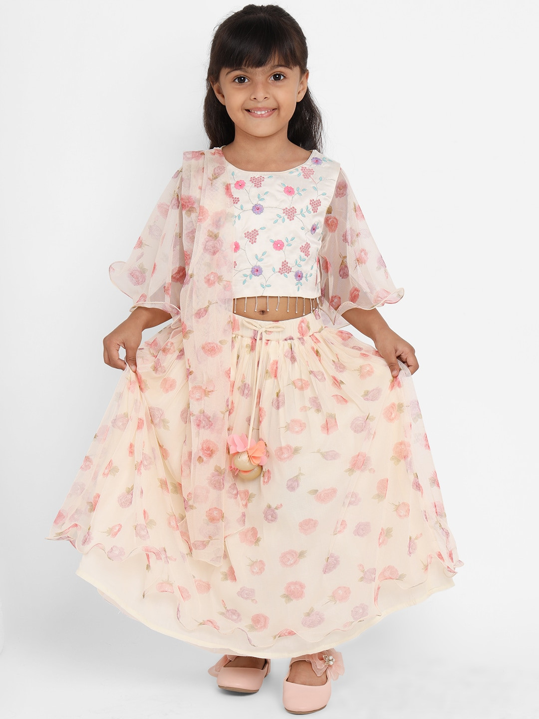 

Nauti Nati Girls Cream-Coloured & White Embroidered Ready to Wear Lehenga & Blouse with Dupatta