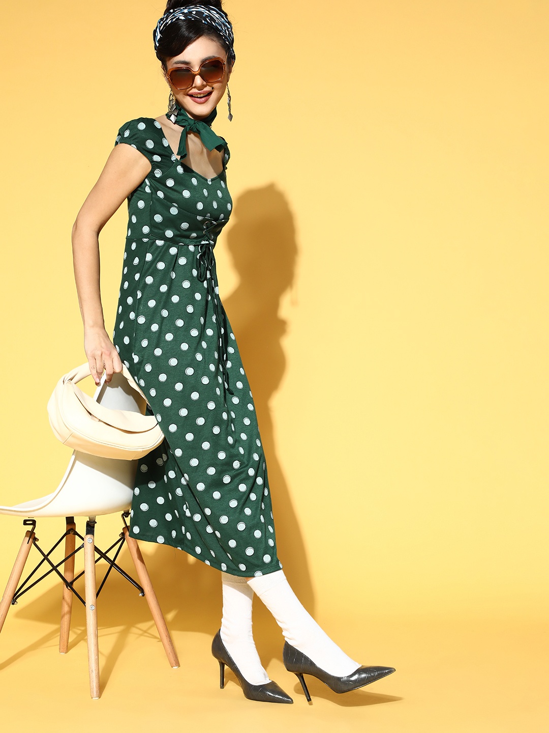 

DressBerry Green & White Polka Dot Printed A-Line Midi Dress