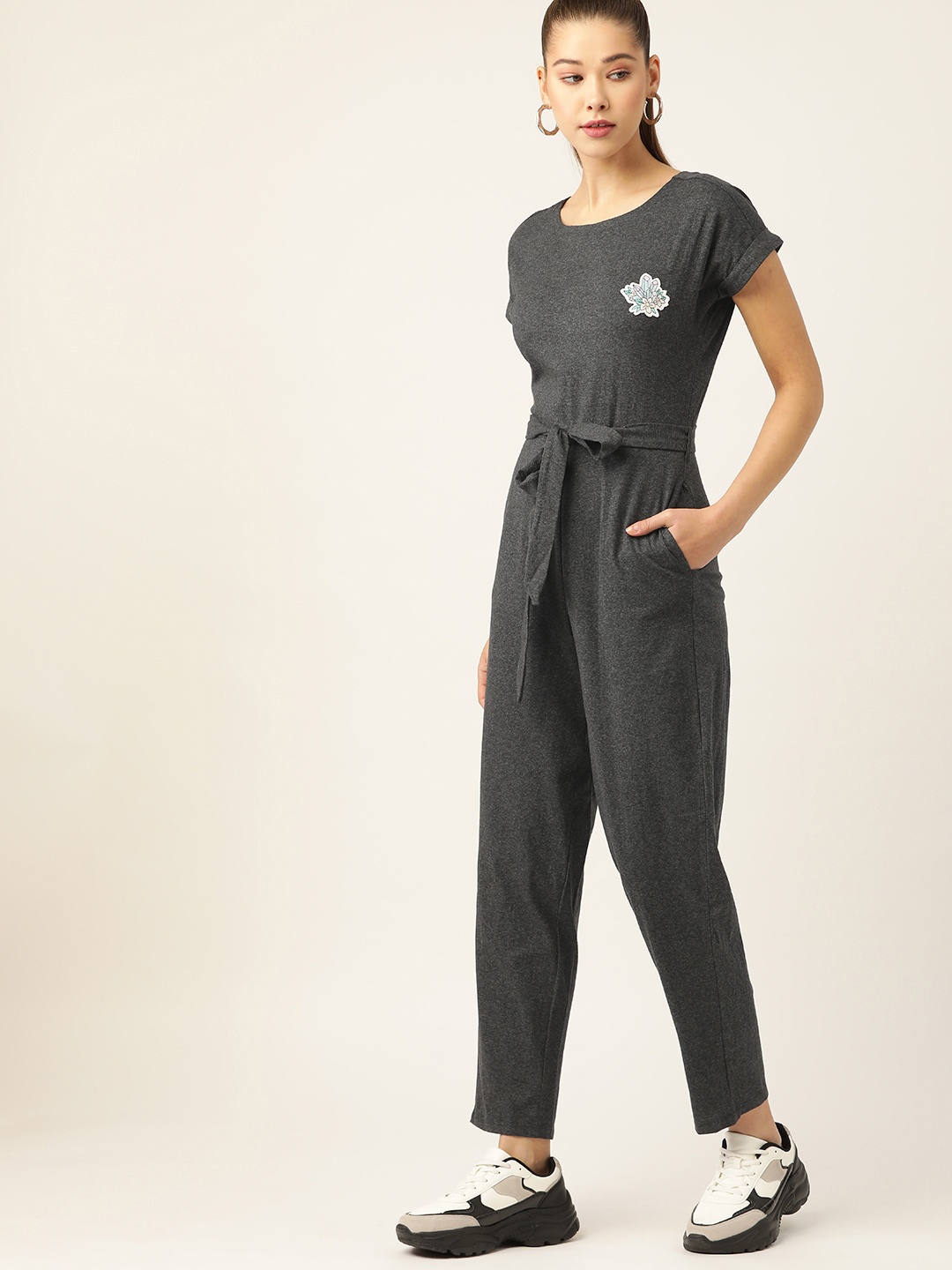 

DressBerry Charcoal Solid Sustainable & Recycled Basic Jumpsuit with Applique Details