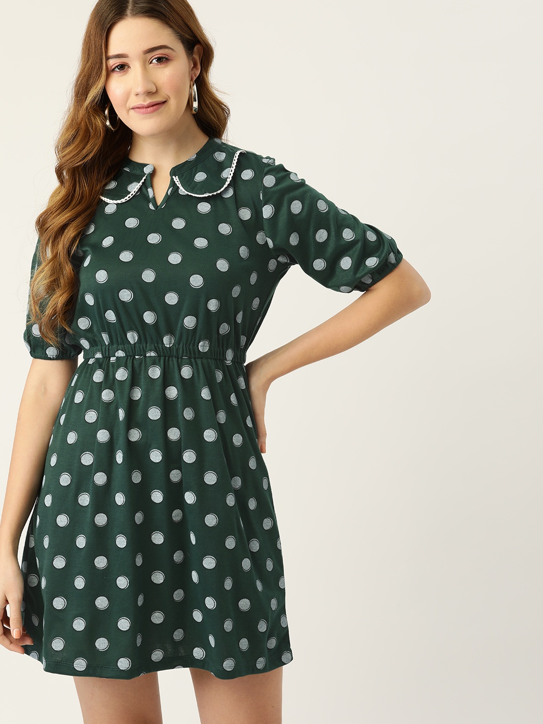 

DressBerry Green & White Peter Pan Collar Polka Dot Print A-Line Dress