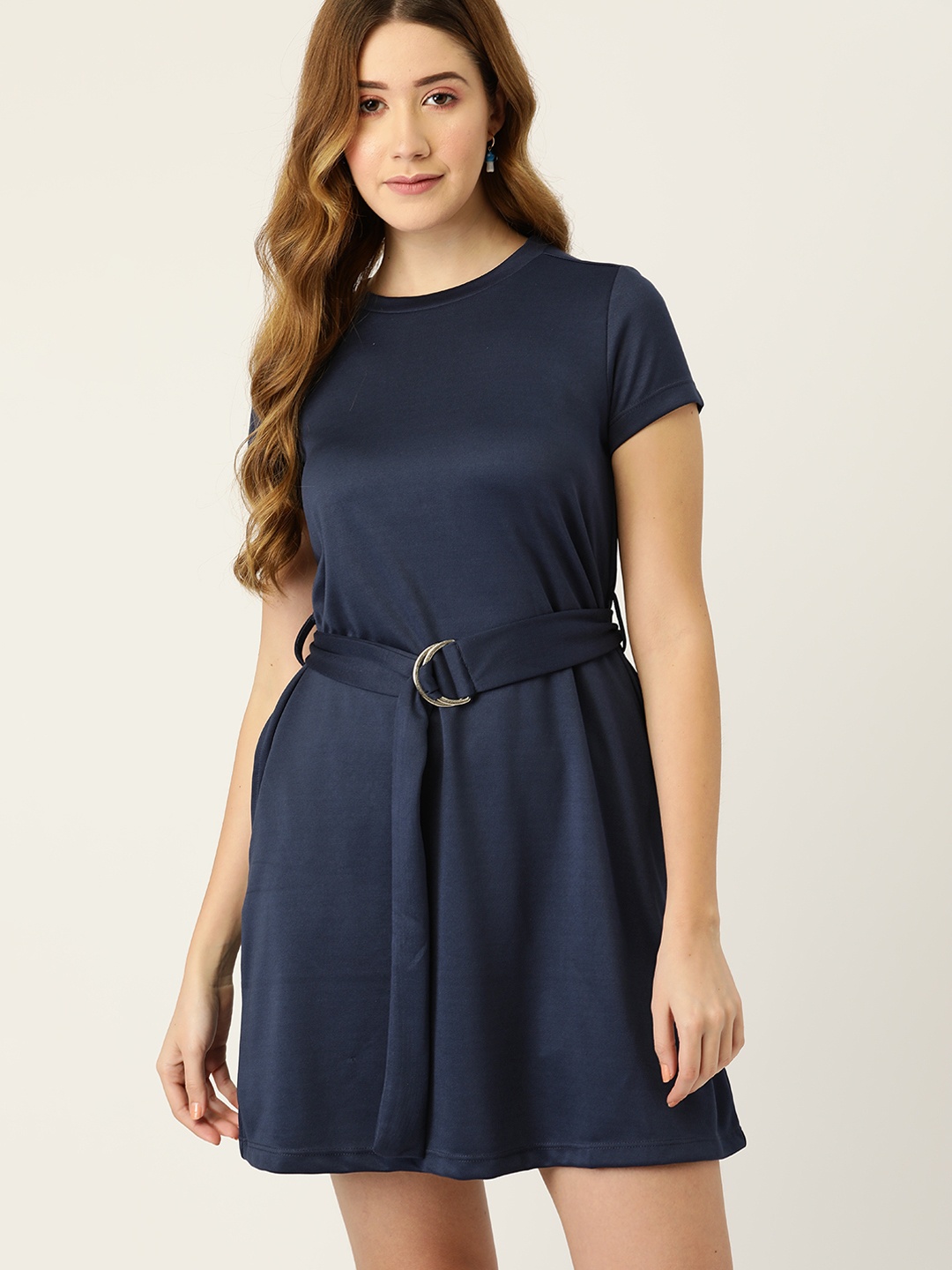 

DressBerry Navy Blue Solid A-Line Dress With Belt