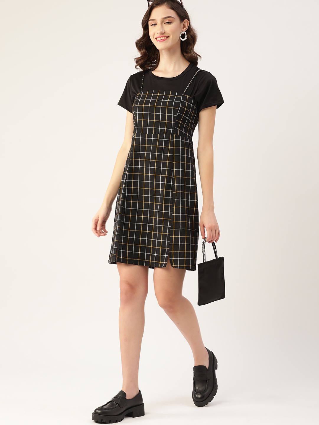 

DressBerry Women Black & White Pure Cotton Checked Smocked A-Line Dress