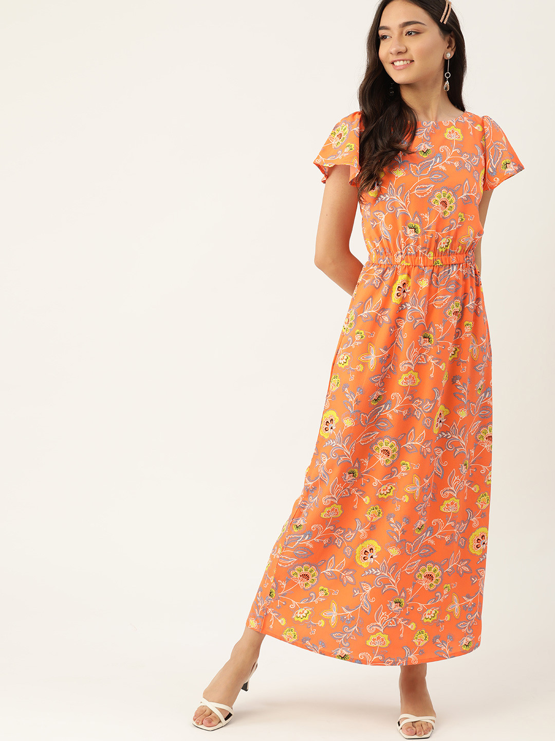 

DressBerry Orange & Yellow Floral Printed Maxi Dress