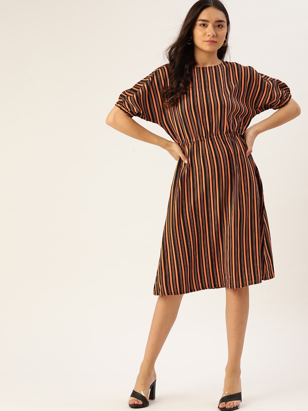 

DressBerry Rust Orange & Black Striped A-Line Midi Dress