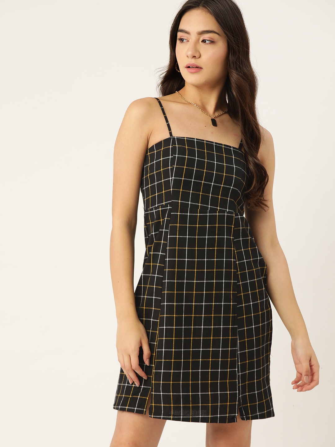 

DressBerry Black & Yellow Checked Pure Cotton A-Line Dress