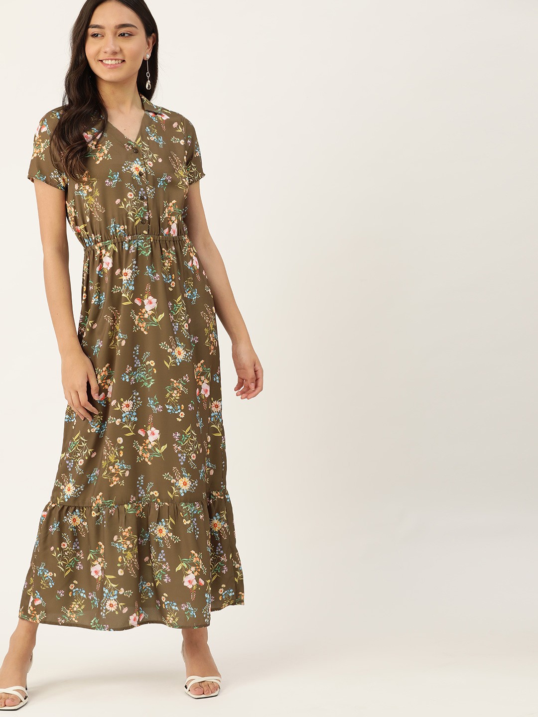 

DressBerry Women Olive Green & Blue Floral Print Tiered Maxi Dress