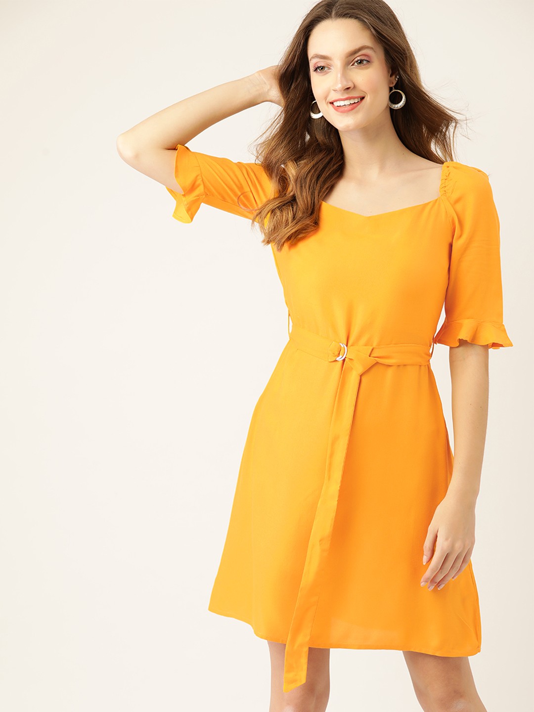 

DressBerry Yellow Solid Ecovero A-Line Dress & Belt