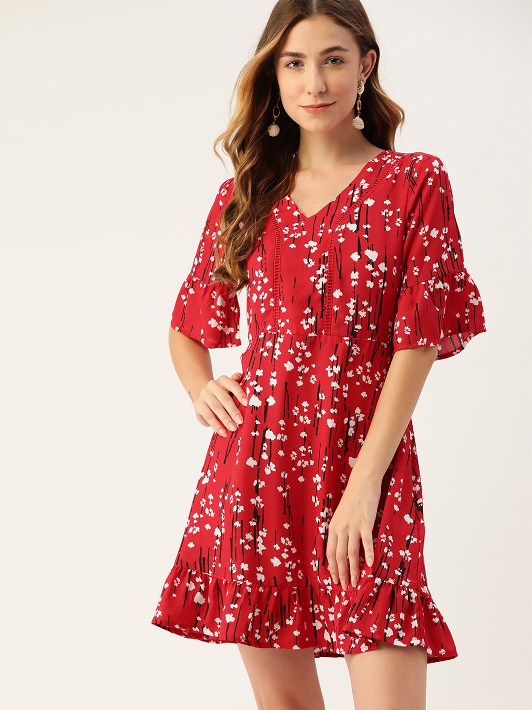 

DressBerry Red & White Floral Print A-Line Dress