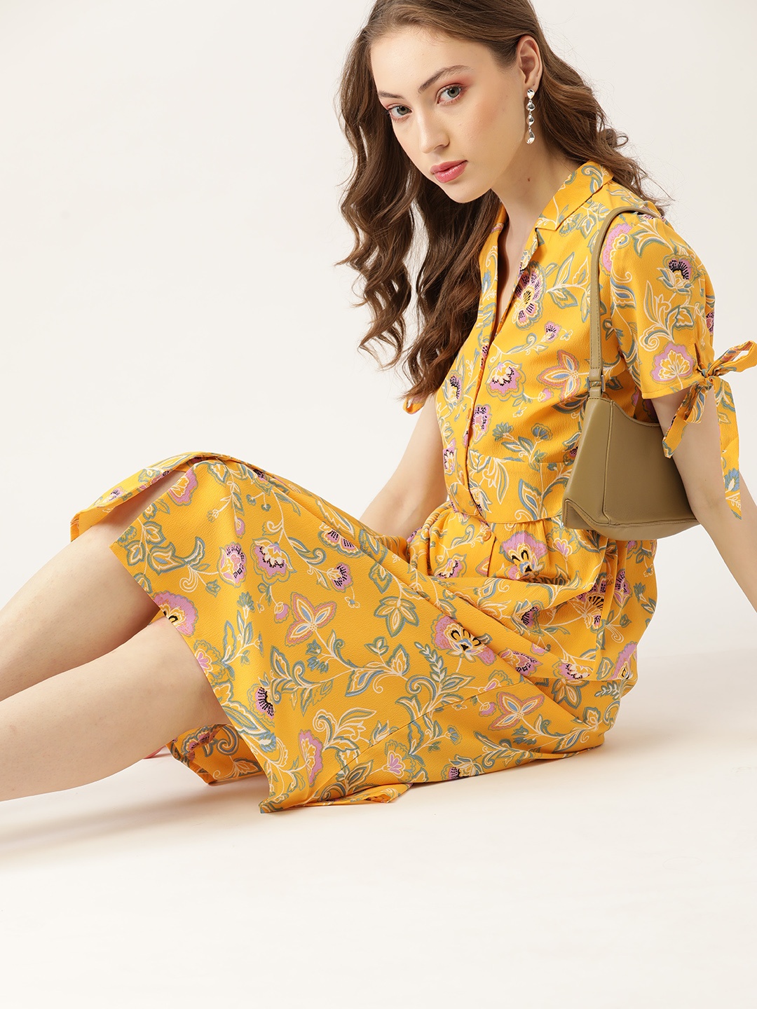 

DressBerry Mustard Yellow & Purple Floral Floral Printed A-Line Dress