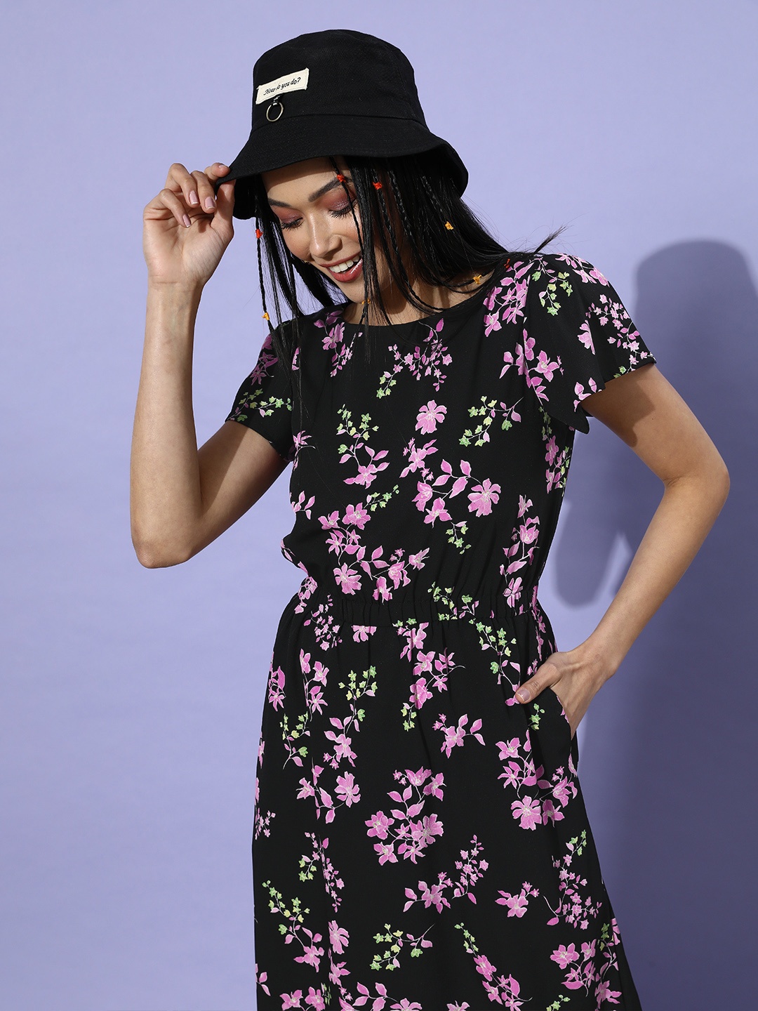 

DressBerry Women Stylish Black Floral Cinched Waist Dress