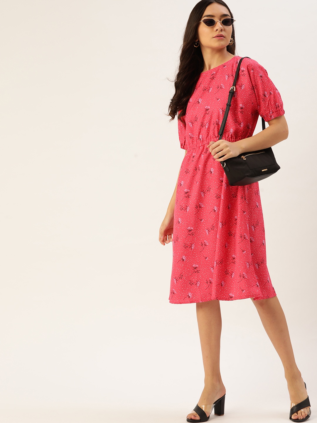 

DressBerry Pink & Black Floral Print A-Line Midi Dress