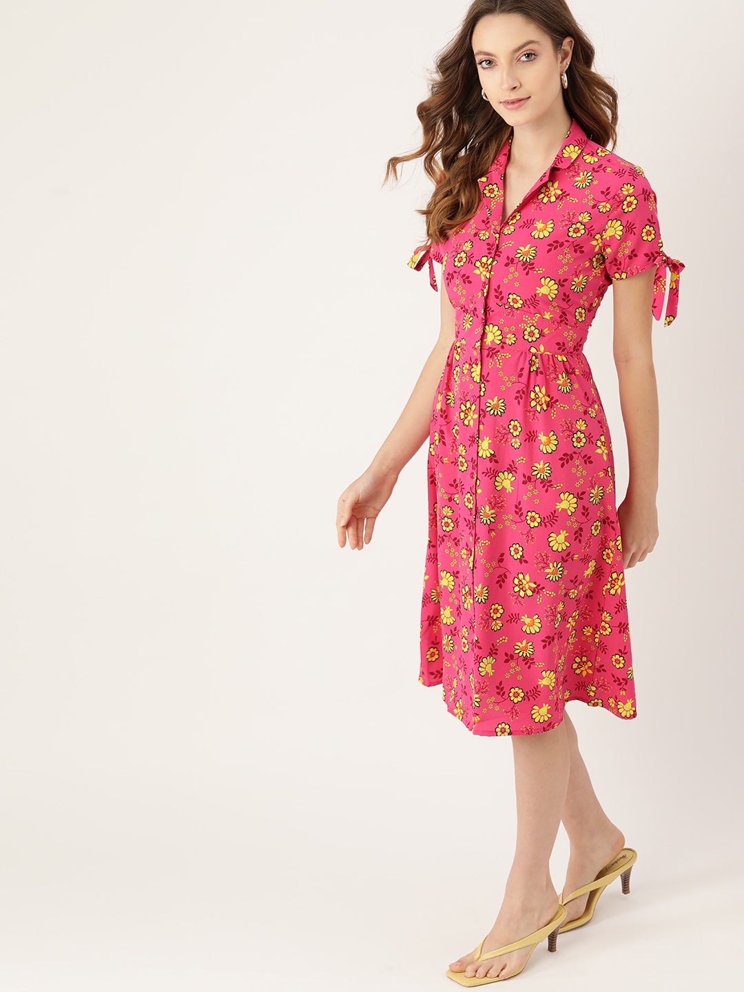 

DressBerry Pink & Yellow Floral Printed A-Line Dress