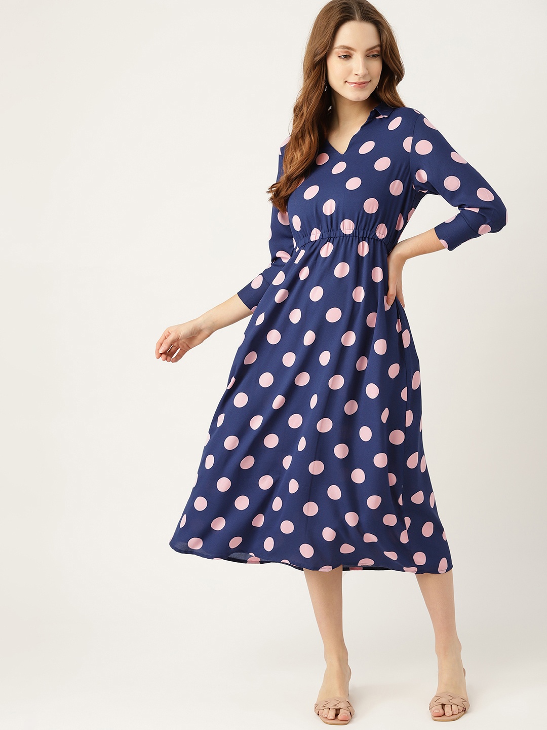 

DressBerry Navy Blue & Pink Polka Dots Printed A-Line Midi Dress