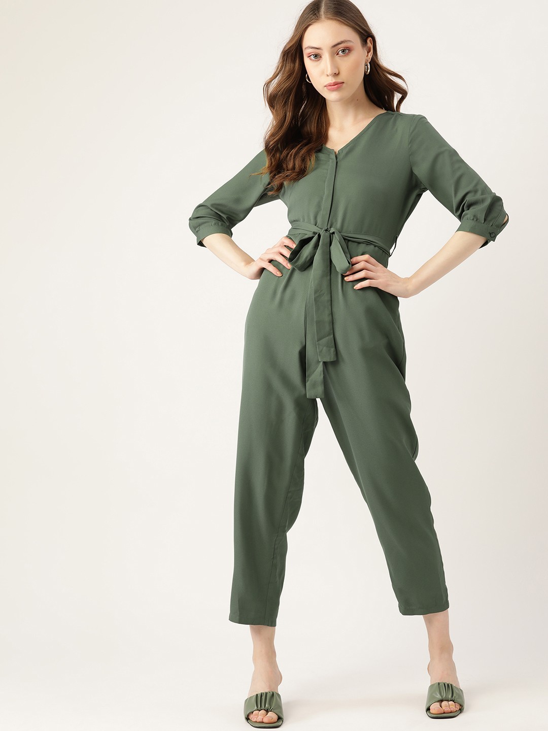 

DressBerry Olive Green Cropped Basic Jumpsuit With Waist Tie-Ups