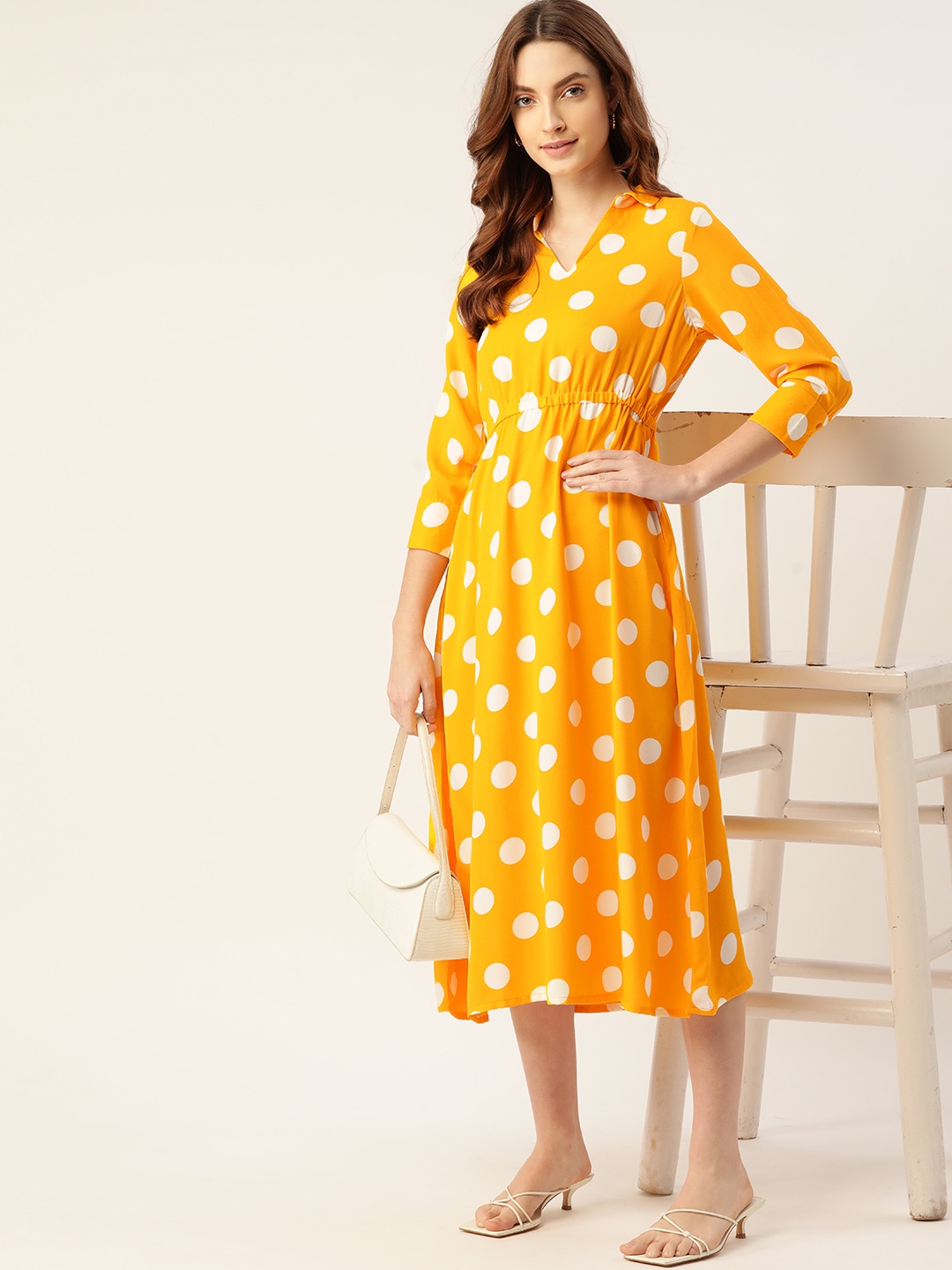 

DressBerry Yellow & White A-Line Polka Dot Print Midi Dress With Cinched Waist