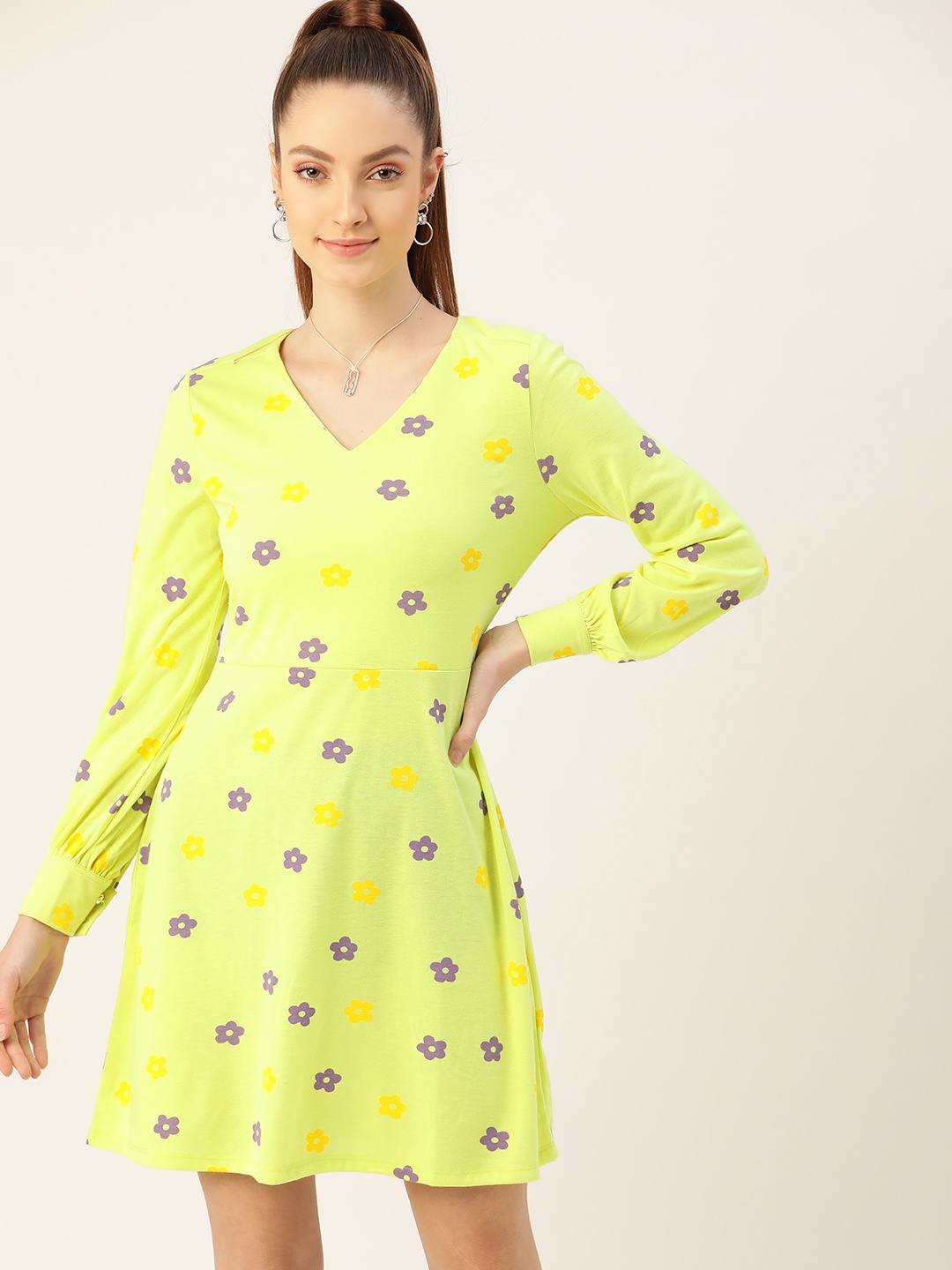 

DressBerry Fluorescent Green & Purple Floral Printed A-Line Dress