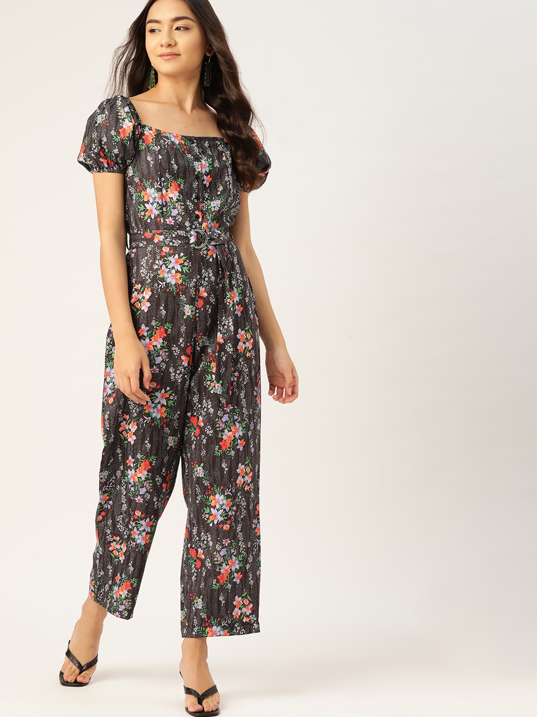 

DressBerry Black & Red Floral Printed Basic Jumpsuit