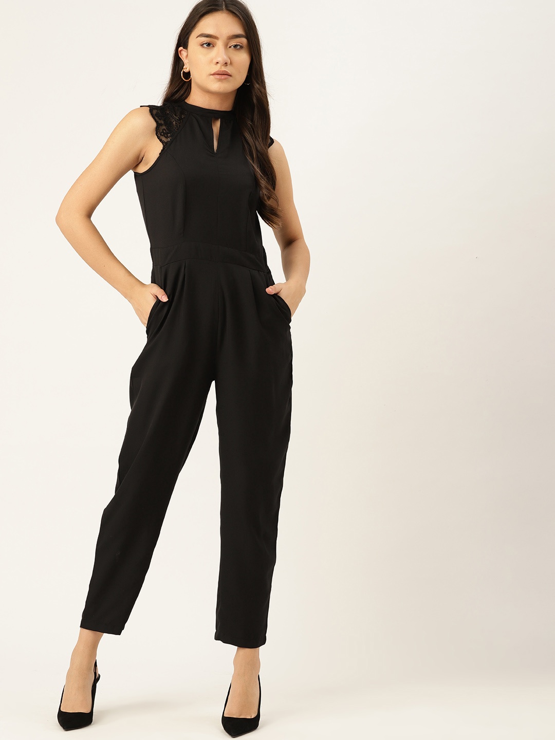 

DressBerry Black Solid Halter Neck Basic Jumpsuit with Lace Inserts