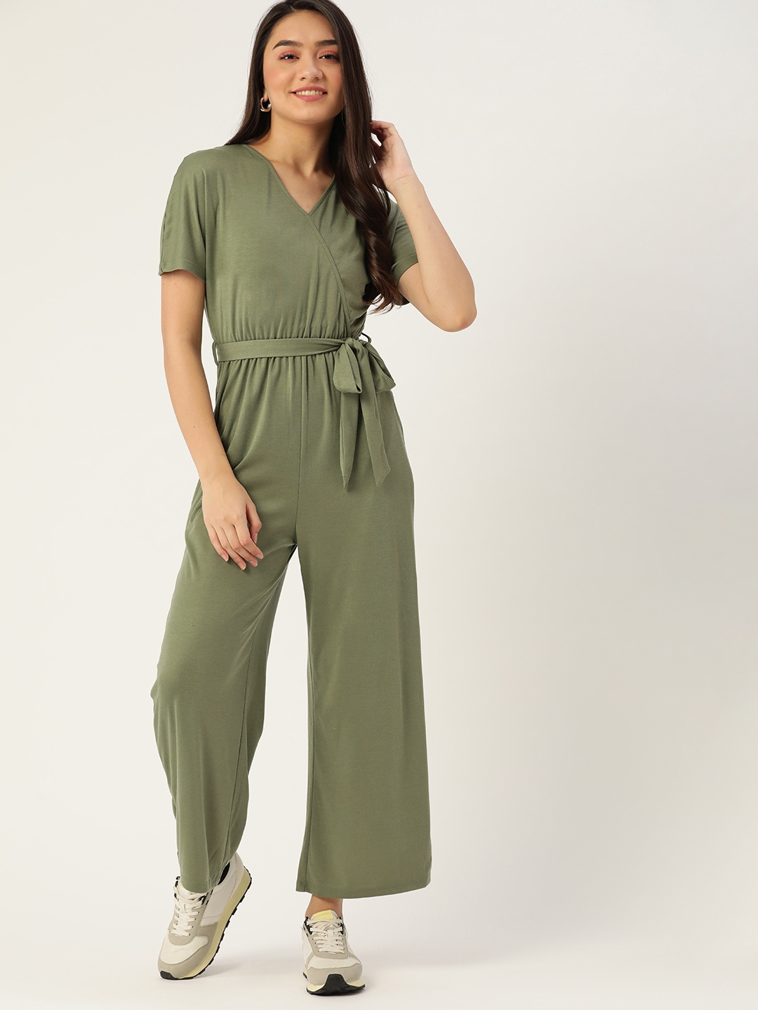 

DressBerry Olive Green Solid Belted Jumpsuit