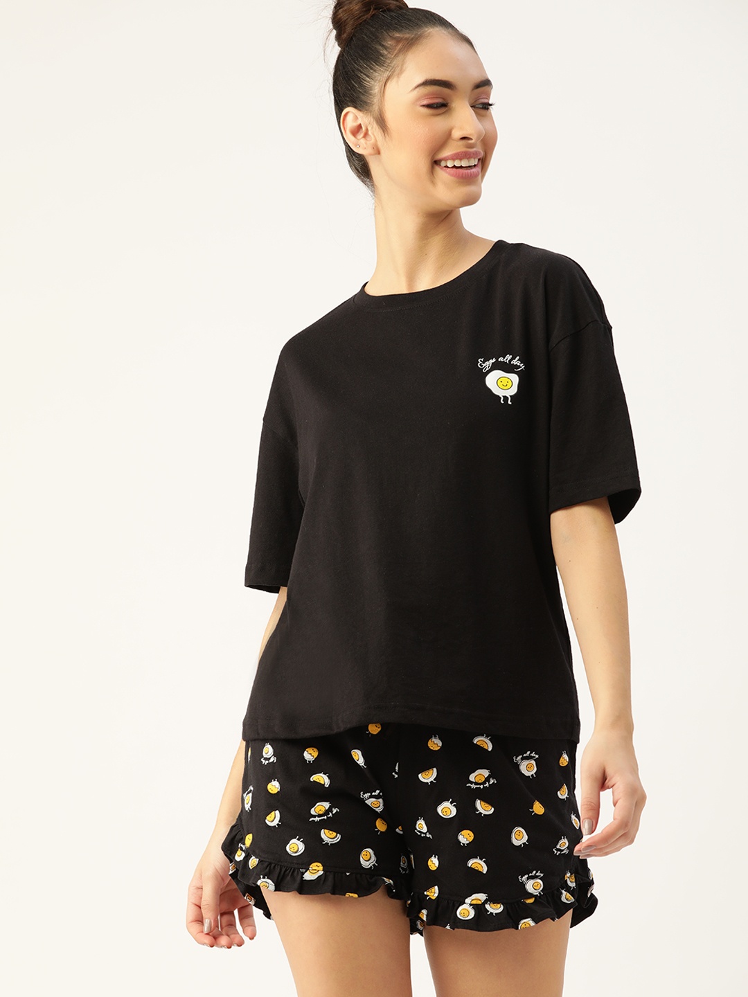 

DressBerry Women Black & Yellow Pure Cotton Printed Shorts Set