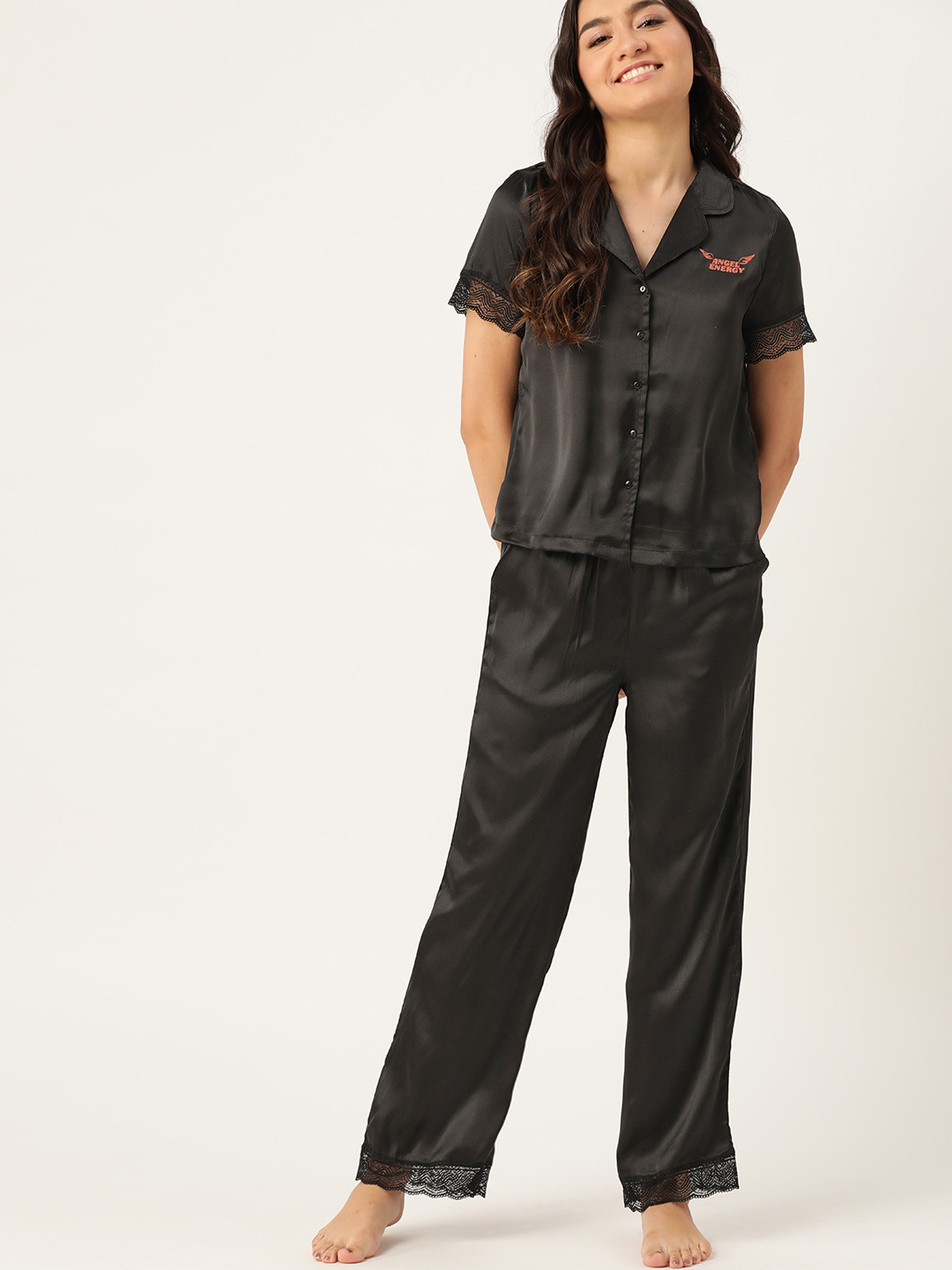 

DressBerry Women Black Solid Satin Finish Night suit