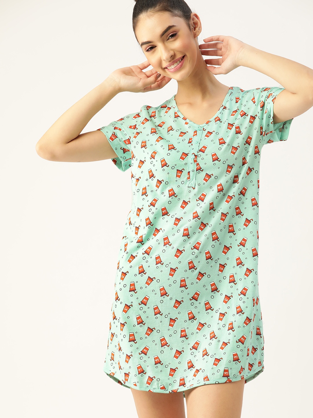 

DressBerry Sea Green & Rust Orange Printed T-Shirt Nightdress