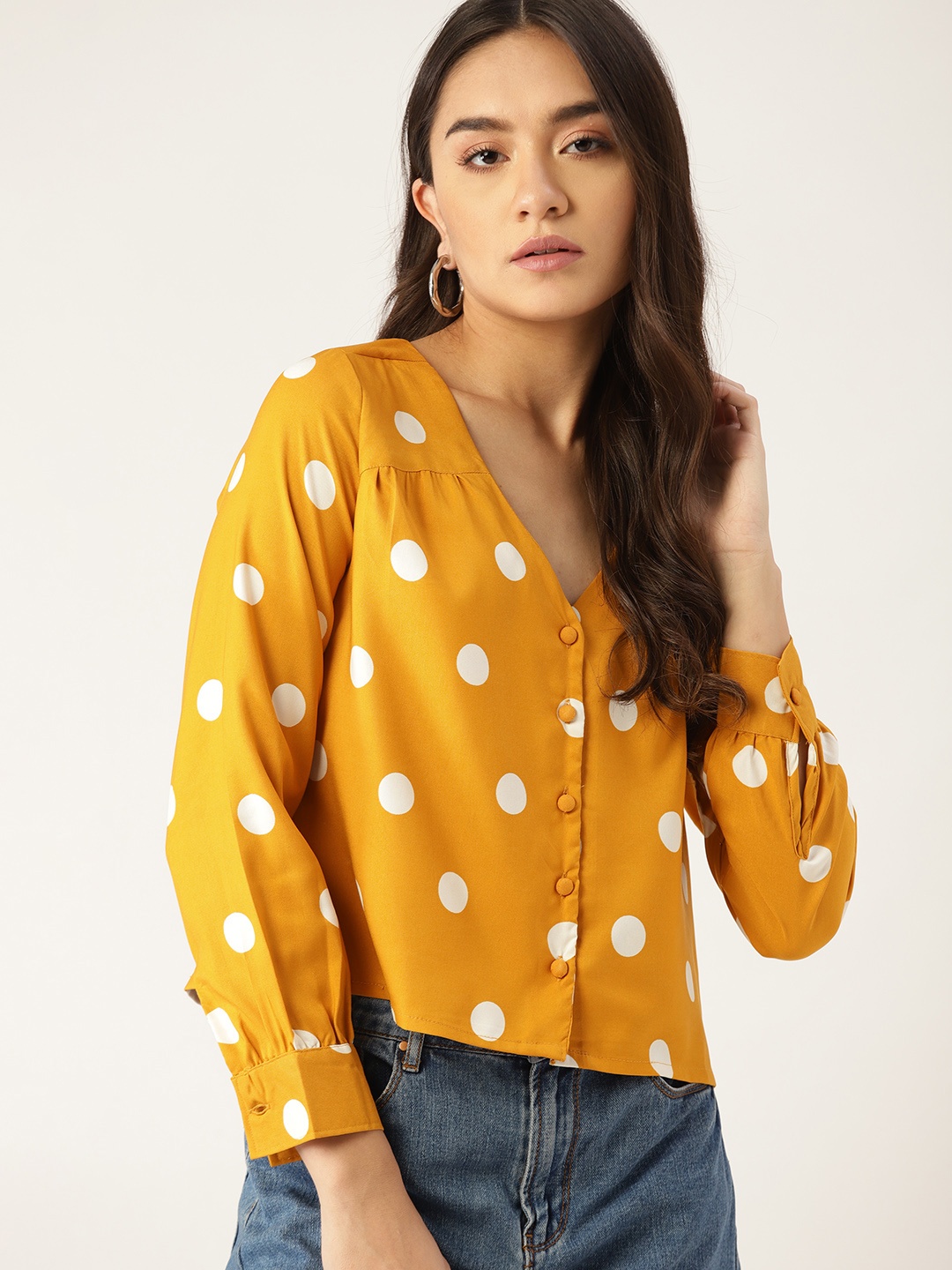 

DressBerry Mustard Yellow & White Polka Dot Print Buttoned Front Regular Top