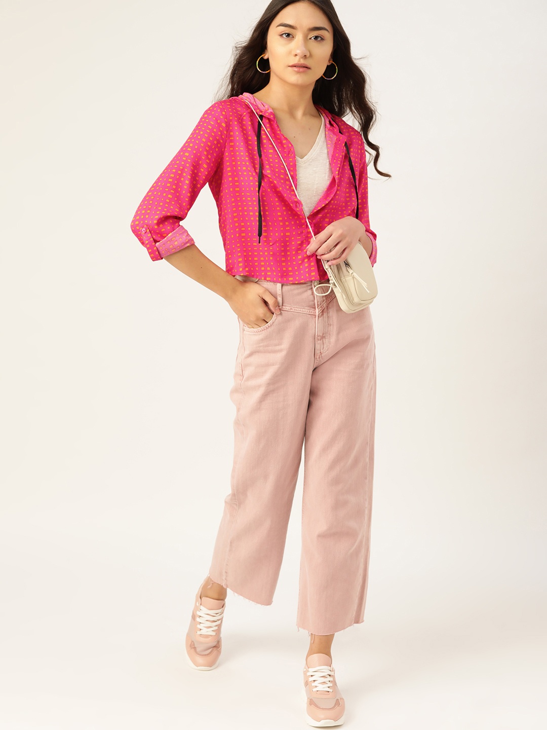 

DressBerry Women Pink & Orange Printed Hooded Casual Shirt