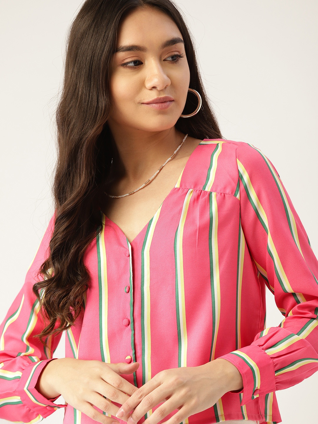 

DressBerry Pink & Green Striped Buttoned Front Regular Top