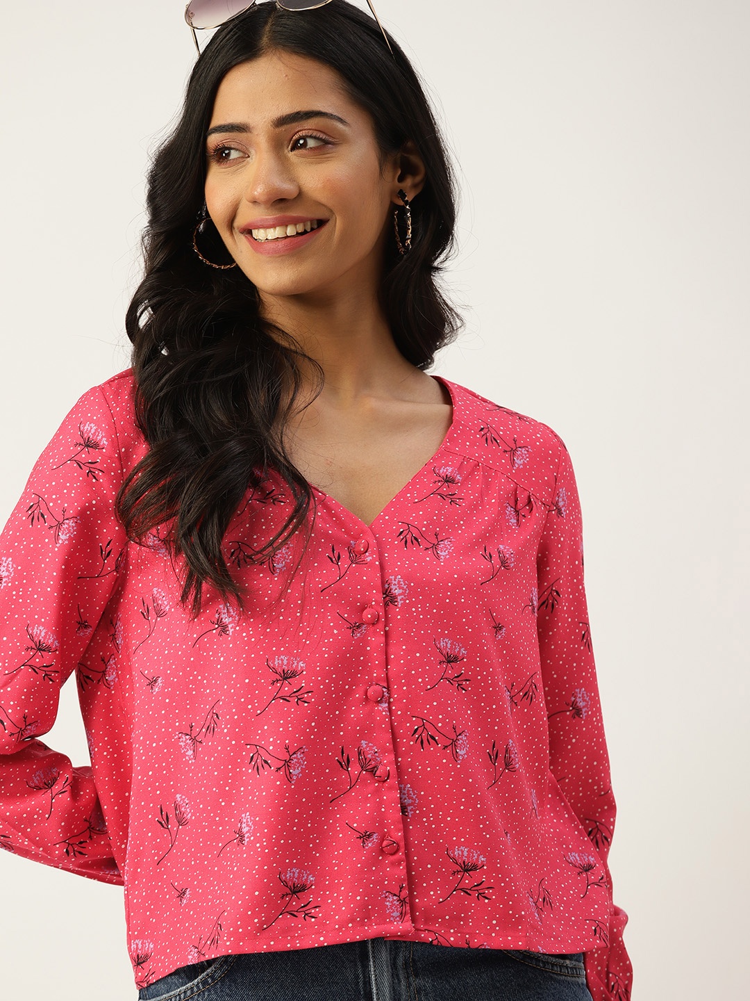 

DressBerry Coral Pink & Black Floral Print Buttoned Front Regular Top