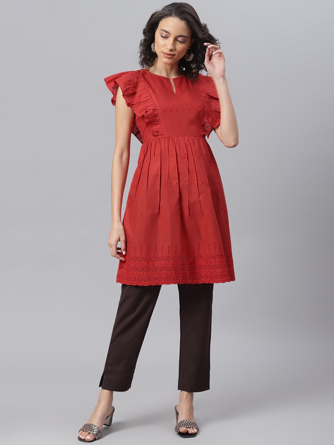 

Janasya Women Red Embroidered Tunic