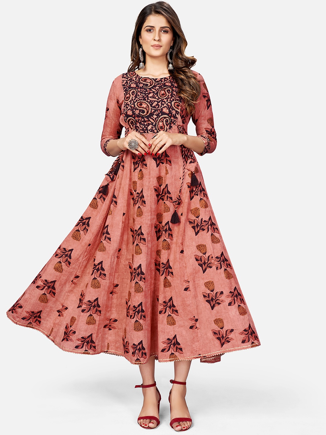 

Vbuyz Women Brown Floral Printed Anarkali Kurta