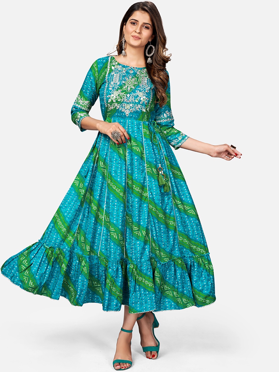 

Vbuyz Turquoise Blue & Green Bandhani Print Ethnic Dress