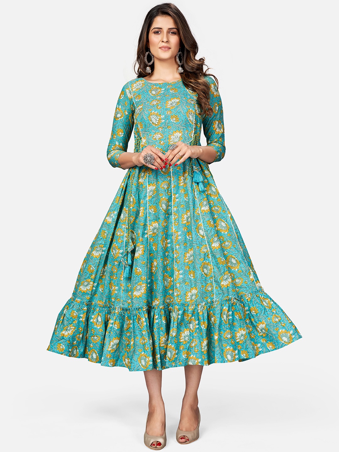 

Vbuyz Green & Yellow Printed Ethnic Midi Dress