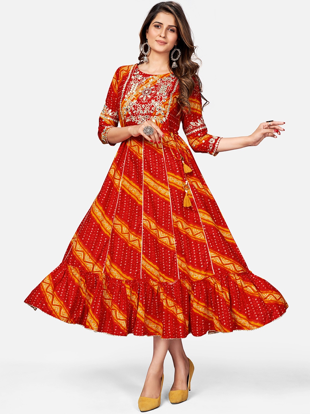

Vbuyz Red & Yellow Bandhani Print Ethnic Dress