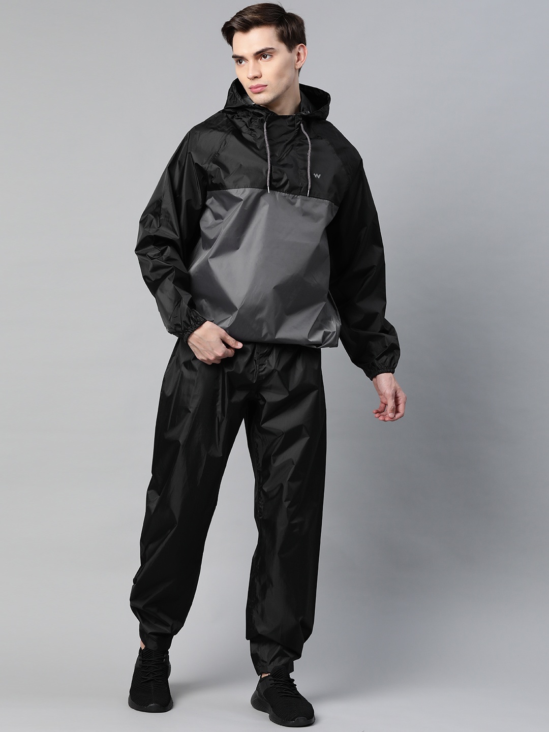 

Wildcraft Men Black & Charcoal Grey Colourblocked Eco Range Hooded Rain Suit