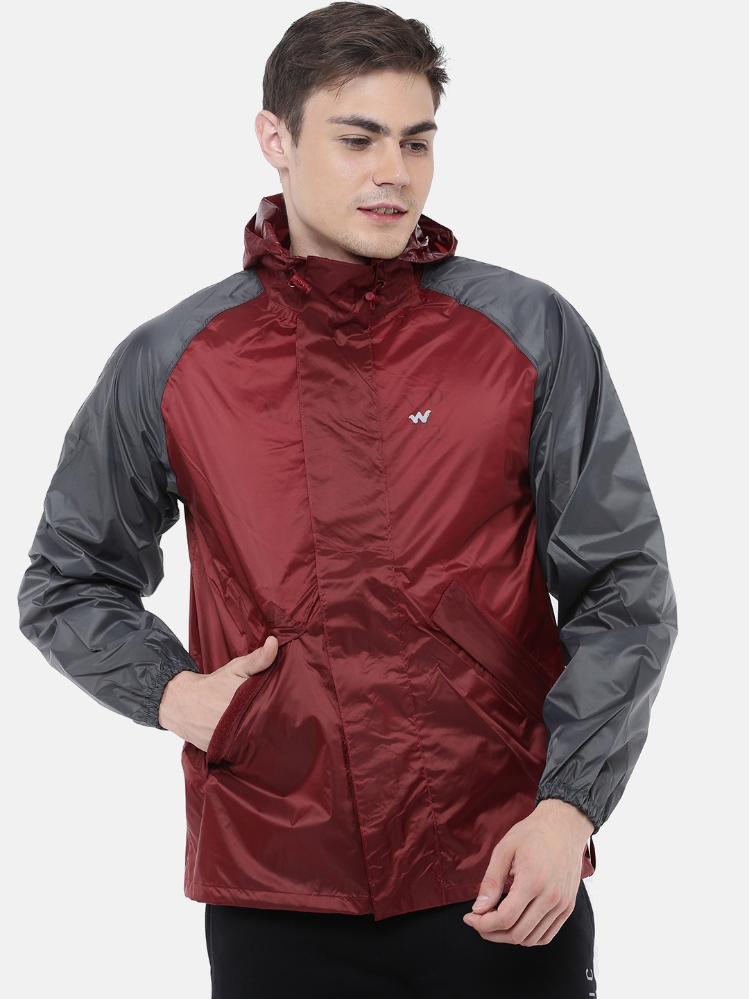 

Wildcraft Men Maroon & Grey Solid Hooded HypaDry Rain Jacket