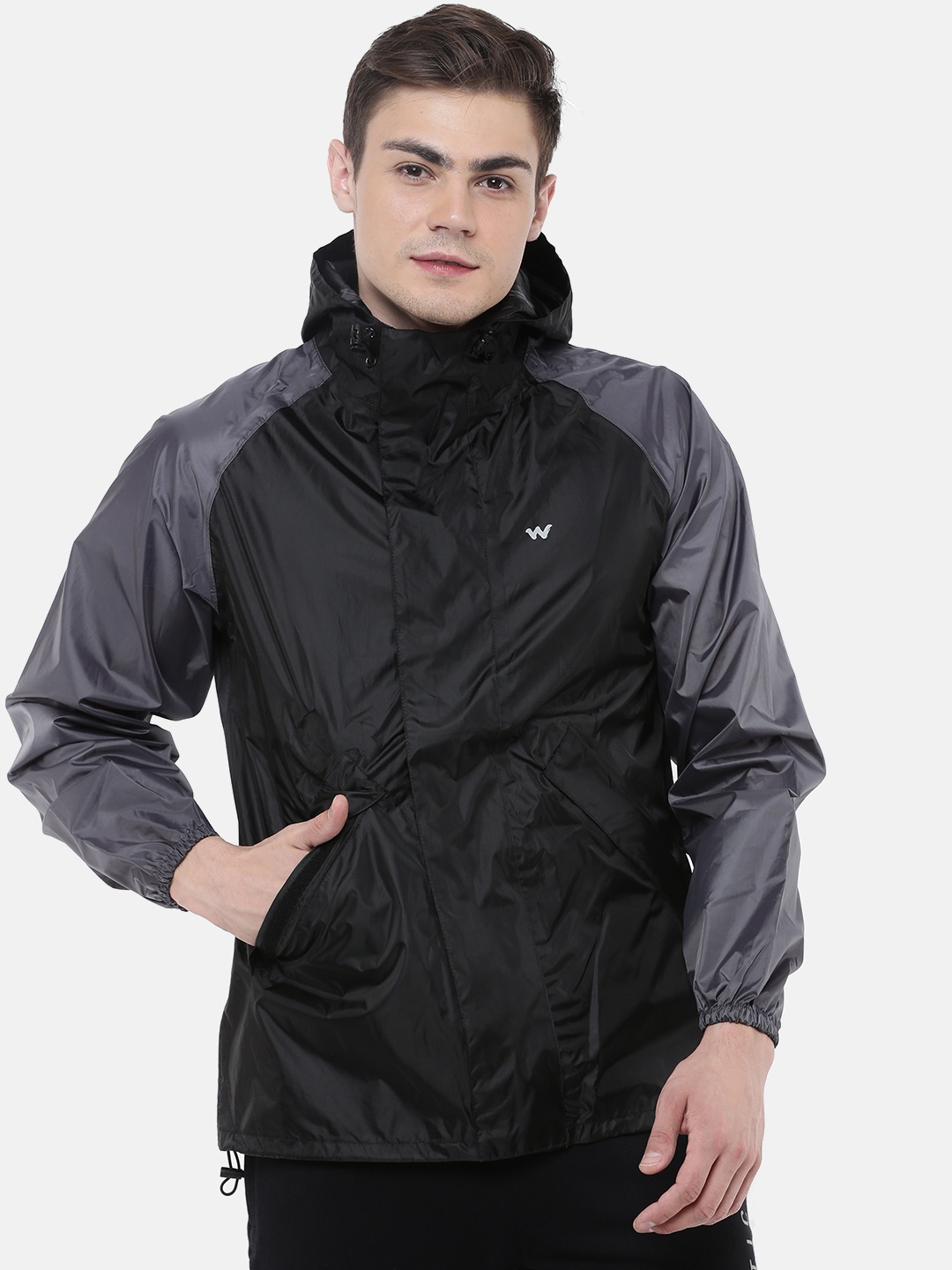 

Wildcraft Men Black & Grey Solid Hooded HypaDry Rain Jacket