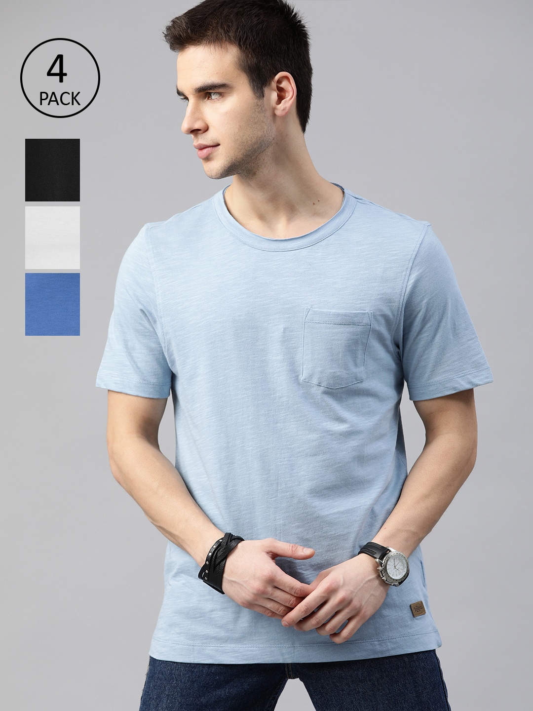 

Roadster Men Pack of 4 Solid Round Neck T-shirt, Blue