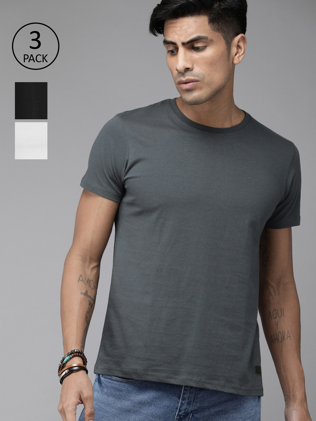 

Roadster Men Pack of 3 Solid Round Neck Pure Cotton T-shirt, Black