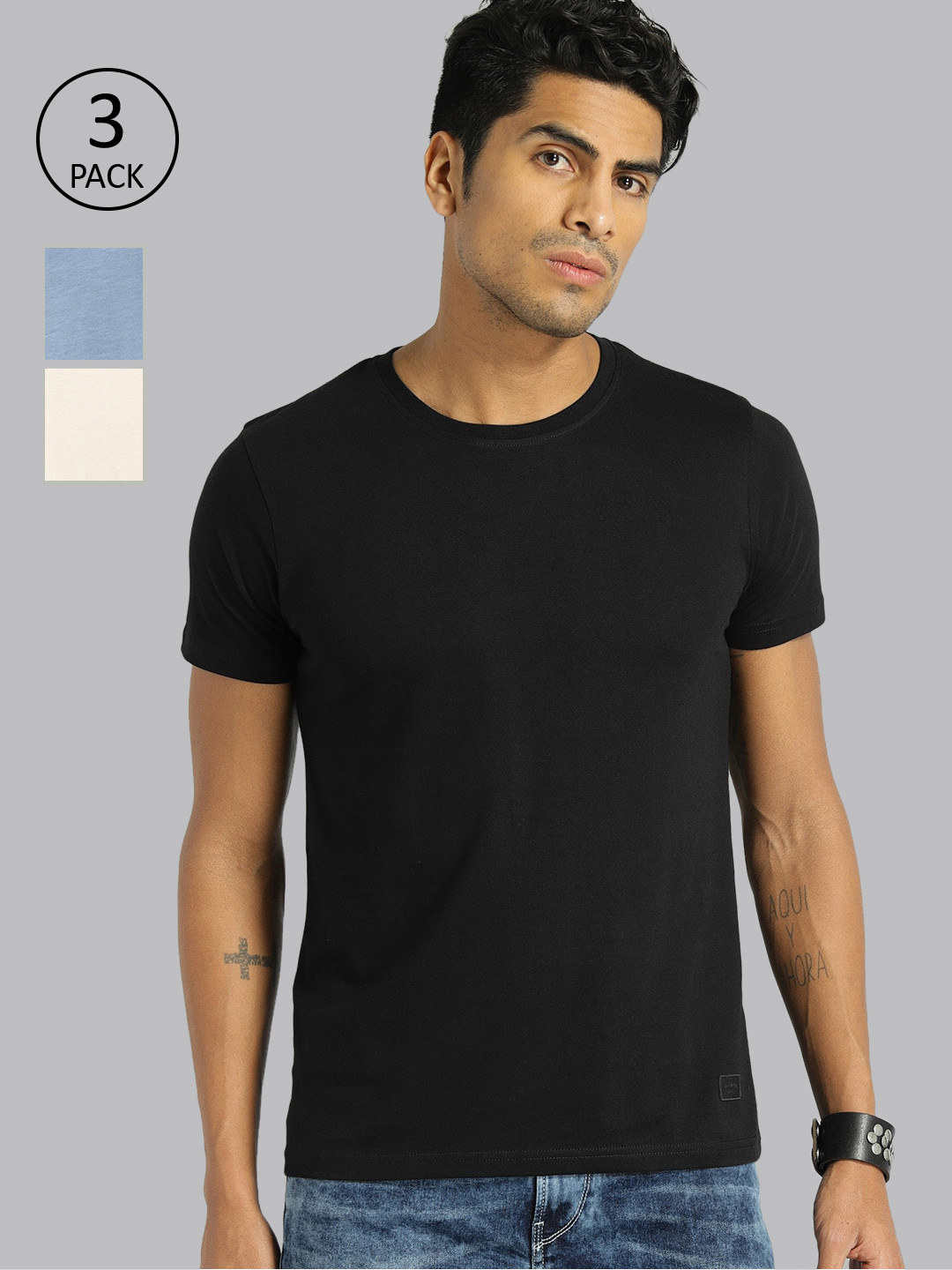 

Roadster Men Pack of 3 Solid Round Neck T-shirt, Beige