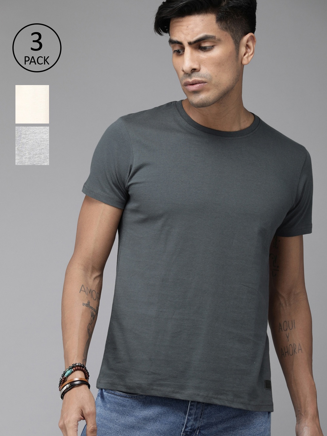 

Roadster Men Pack of 3 Solid Round Neck T-shirt, Beige