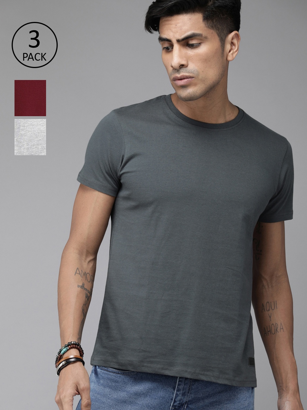 

Roadster Men Pack of 3 Solid Round Neck T-shirt, Grey melange