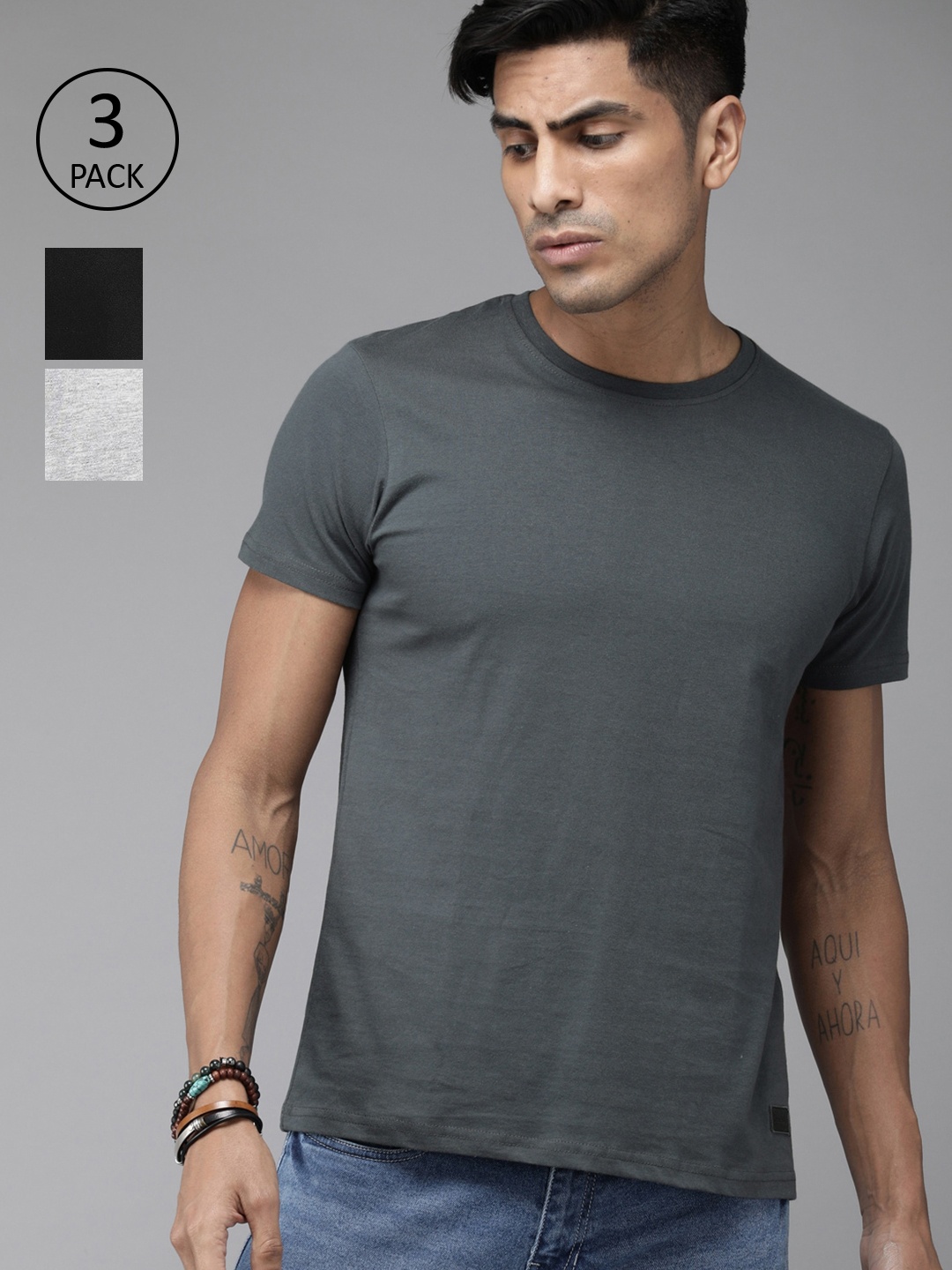 

Roadster Men Pack of 3 Solid Round Neck T-shirt, Grey melange