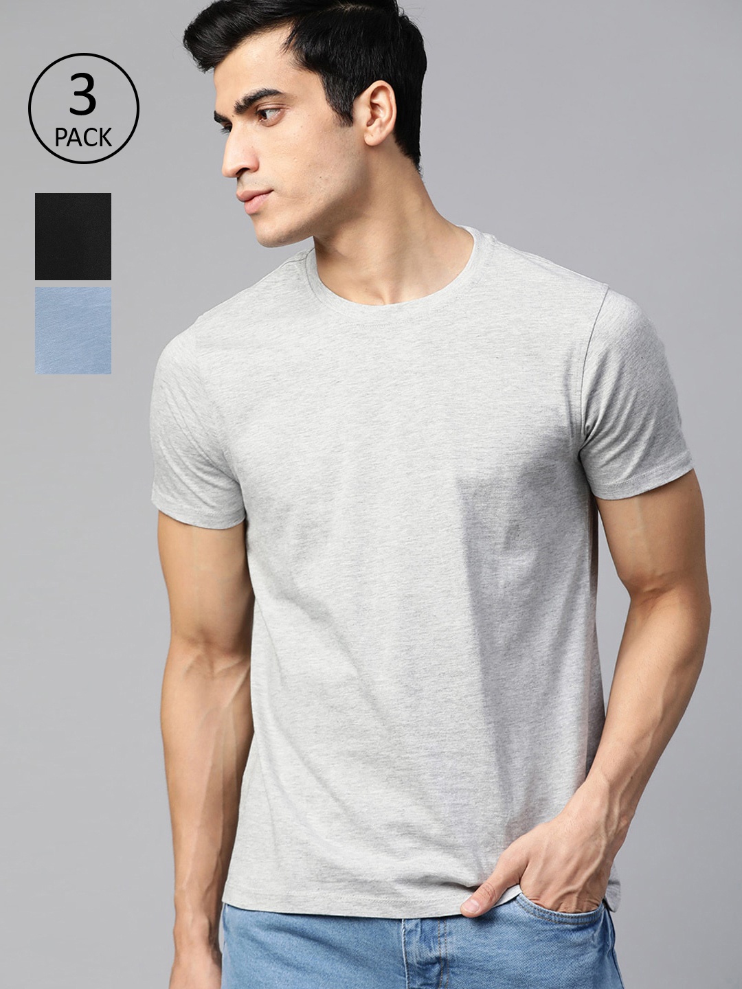 

Roadster Men Pack of 3 Solid Round Neck Pure Cotton T-shirt, Blue