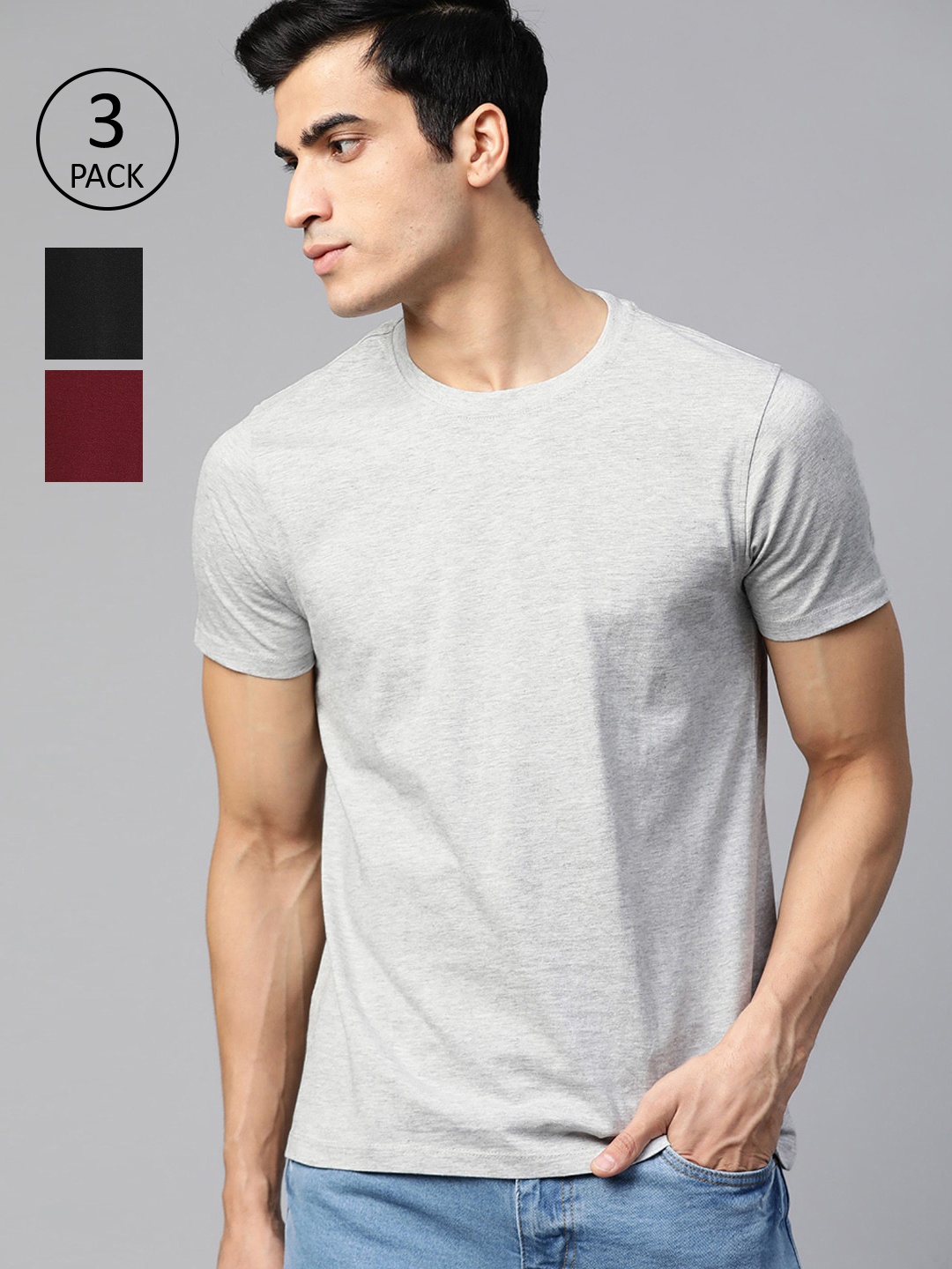 

Roadster Men Pack of 3 Solid Round Neck Pure Cotton T-shirt, Black