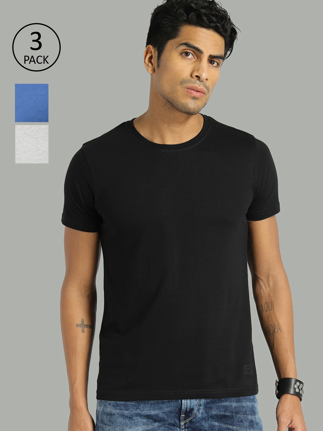 

Roadster Men Pack of 3 Solid Round Neck Pure Cotton T-shirt, Black